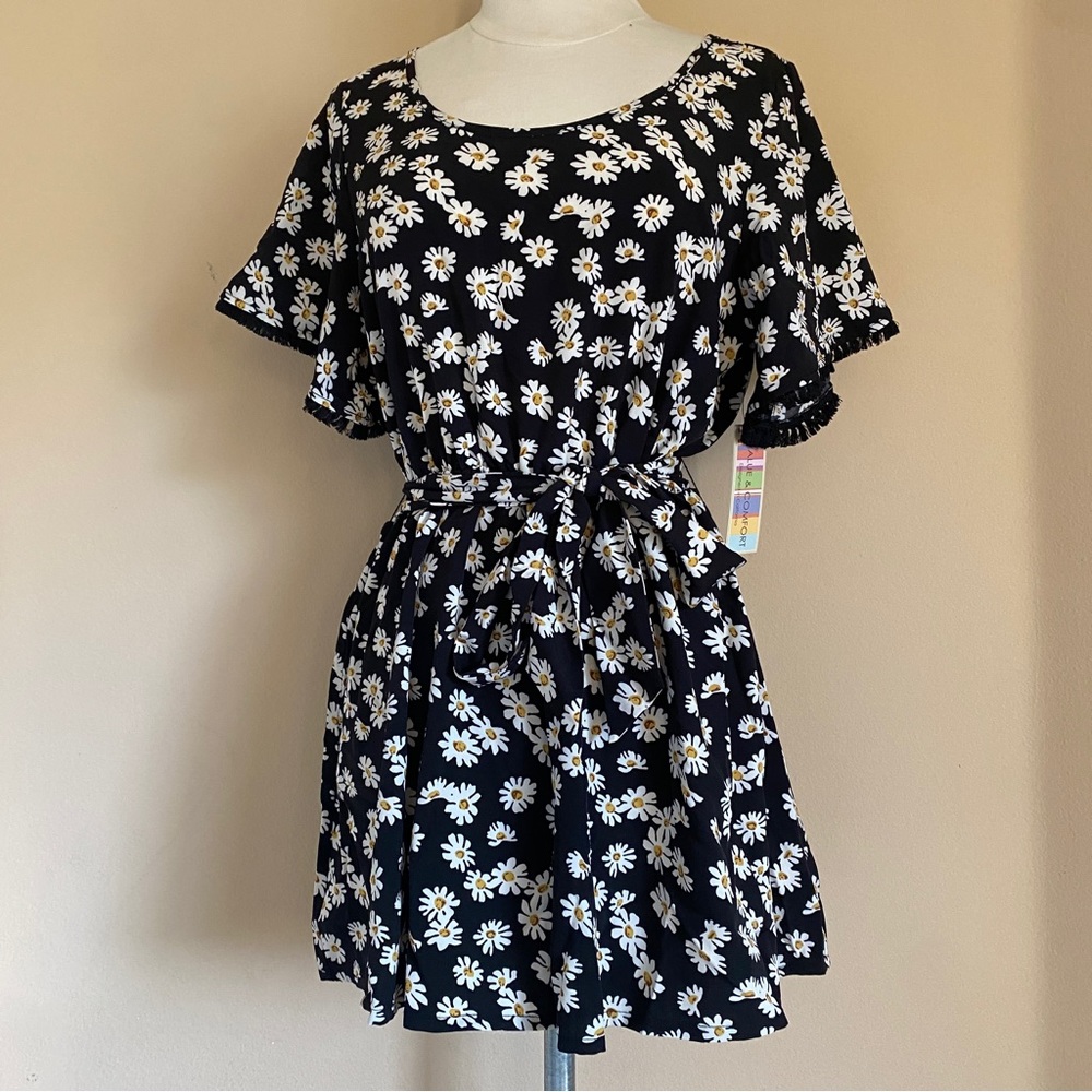 Women's Black Floral Daisies Casual Mini Dress Skort Boho